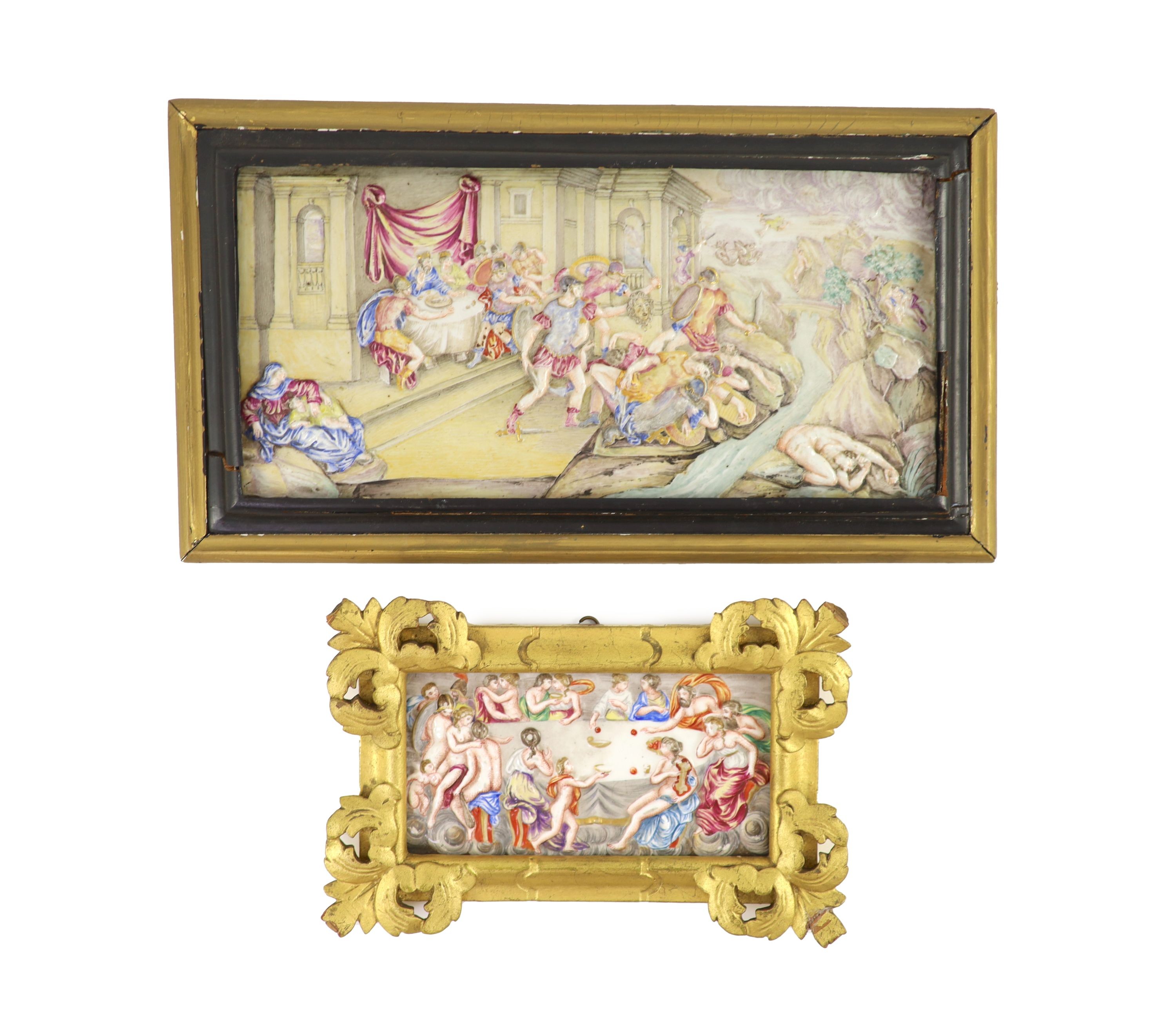 Two Doccia porcelain plaques, 19th century, 14cm x 24cm and 8cm x 15cm, each framed, 15cm